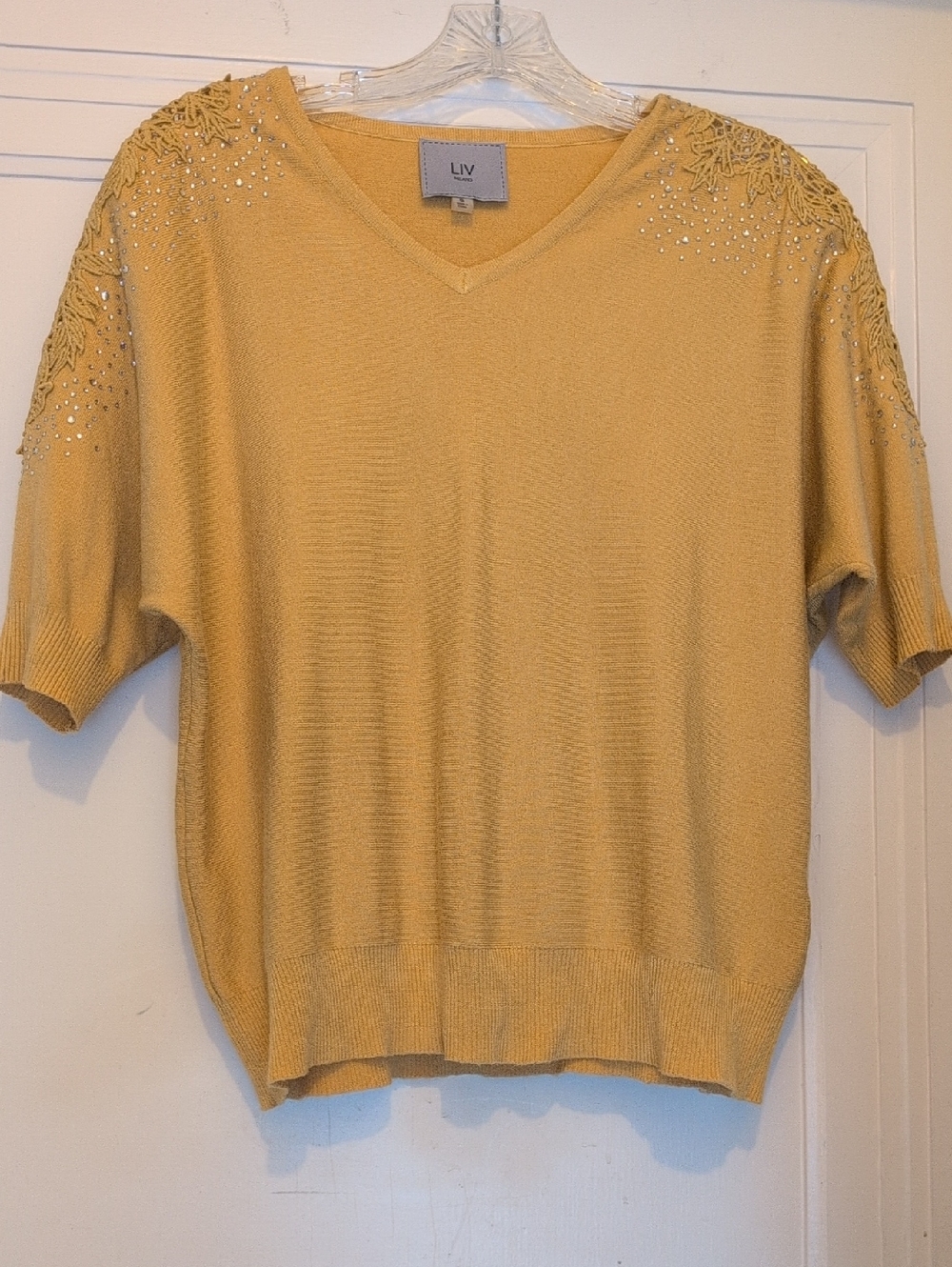 LIV Embellished V-Neck Short Sleeve Sweater in Mustard